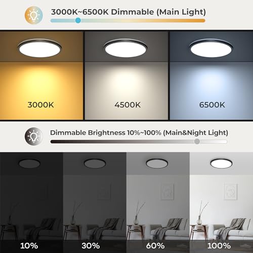 Matane Flush Mount Ceiling Light Fixture with Remote Control, Nightlight 8.7 Inch 18W 3000K-6500K Adjustable, Led Low Profile Ceiling Lights for Bedroom, Living Room,Dining Room, Kitchen, Round Black - Image 3
