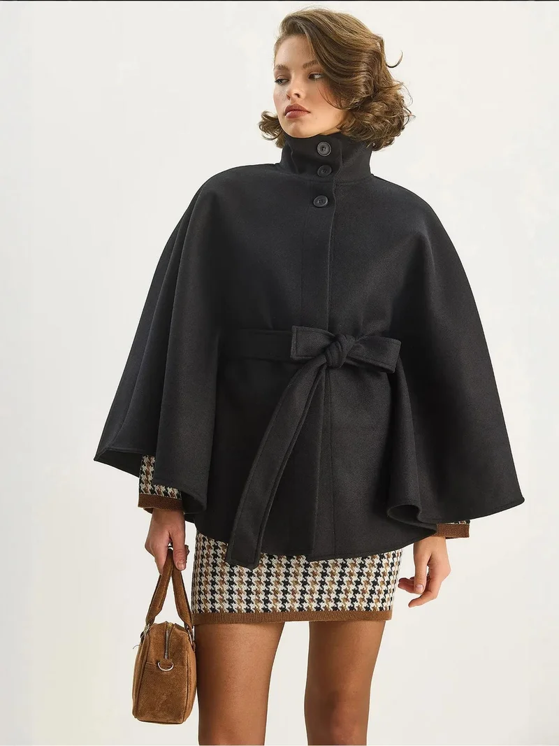 Bianco Lucci Black LUCCI Poncho Coat with Tie Closure for Women | Best Price UAE