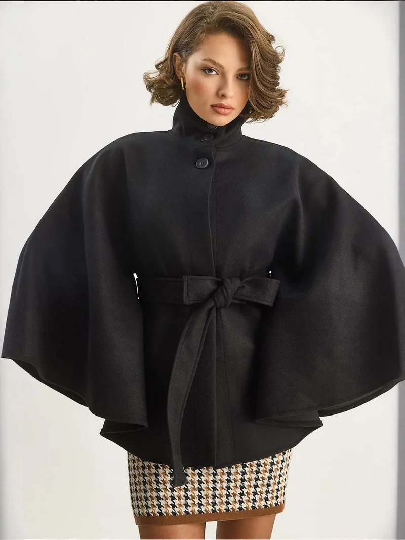 Bianco Lucci Black LUCCI Poncho Coat with Tie Closure for Women | Best Price UAE