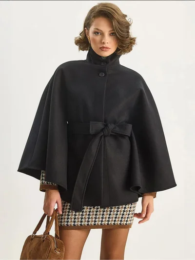 Bianco Lucci LUCCI Poncho Coat with Tie Closure