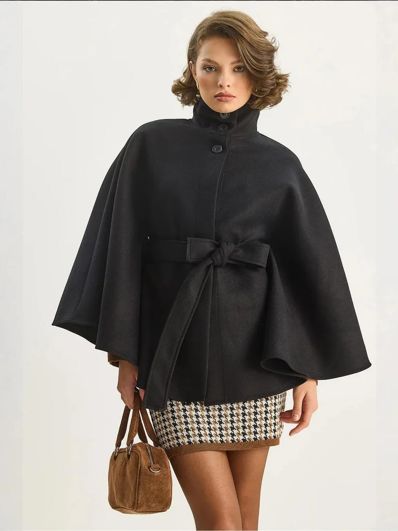 Bianco Lucci Black LUCCI Poncho Coat with Tie Closure for Women | Best Price UAE