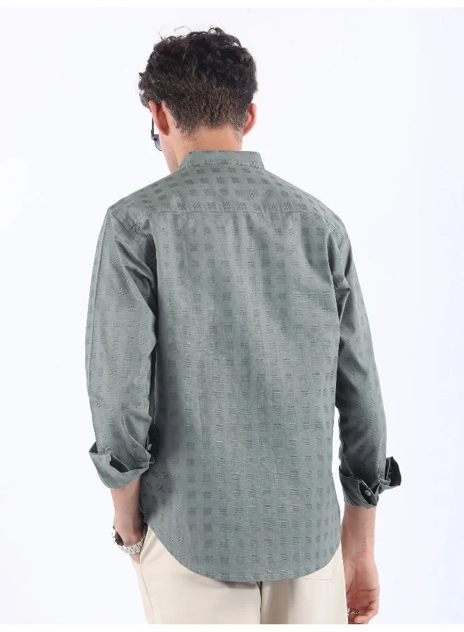 Beyoung Grey Mandarin Collar Textured Shirt