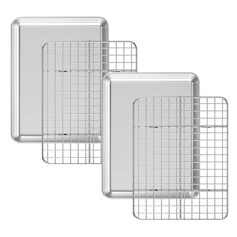 مجموعة صينية خبز مع رف تبريد 2 صينية 2 رفوف ديدرو من الفولاذ المقاوم للصدأ صينية بسكويت صينية خبز نصف صواني فرن مع رف 10 × 8 × 1 بوصة ثقيلة غير سامة آمنة في غسالة الصحون