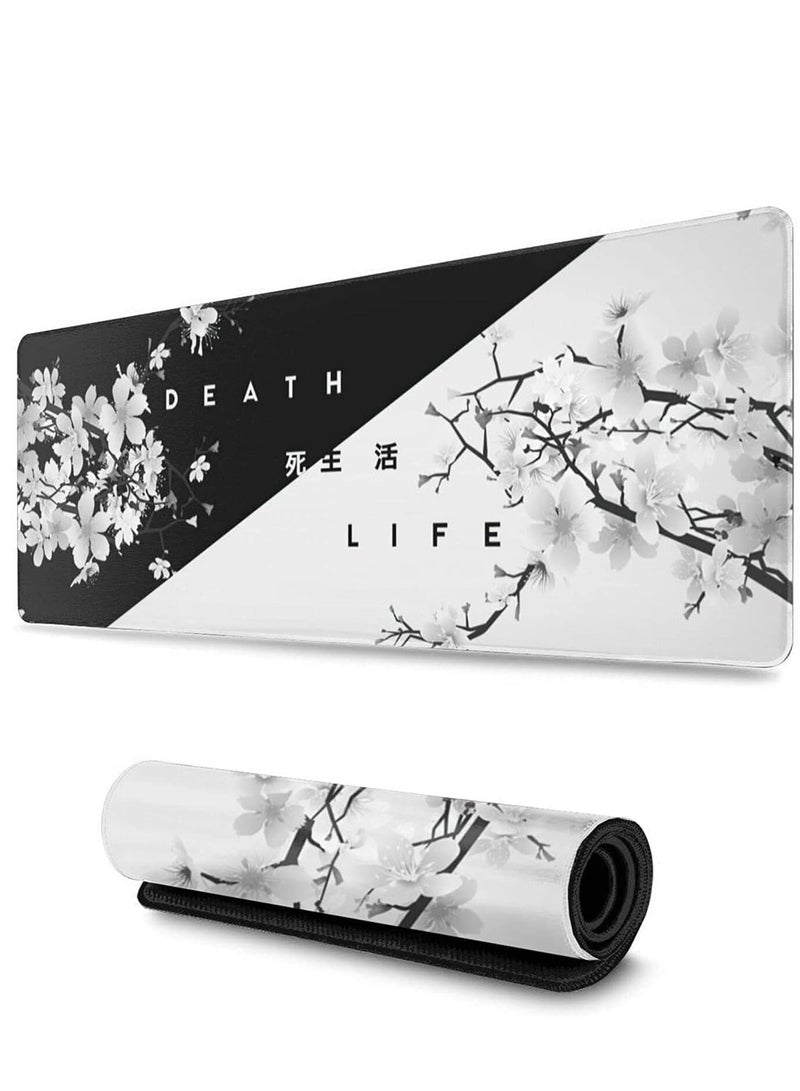 Gaming Mouse Pad Black and White Cherry Blossom,Extended Large Mouse Mat Desk Pad, Stitched Edges Mousepad, Long Non-Slip Rubber Base Mice Pad - Image 1
