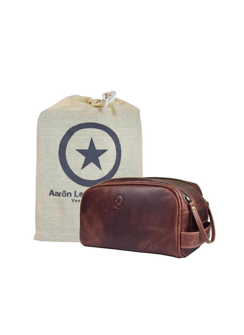 AARON LEATHER GOODS VENDIMIA ESTILO 10" Premium Leather Toiletry Travel Pouch With Waterproof Lining | King-Size Handcrafted Vintage Dopp - Kit By Aaron Leather Goods (Dark Brown) 