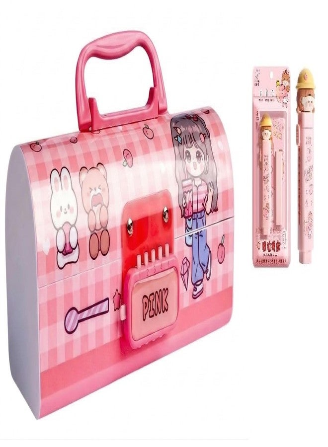 Invite Enterprise Invite New Cartoon Theme Pencil Box with Push Pull Eraser Set for Kids | Suitcase Style Password Lock Stationery Organizer | School Supplies Gift Combo for Boys & Girls (Pink Beauty + Eraser) - Image 1