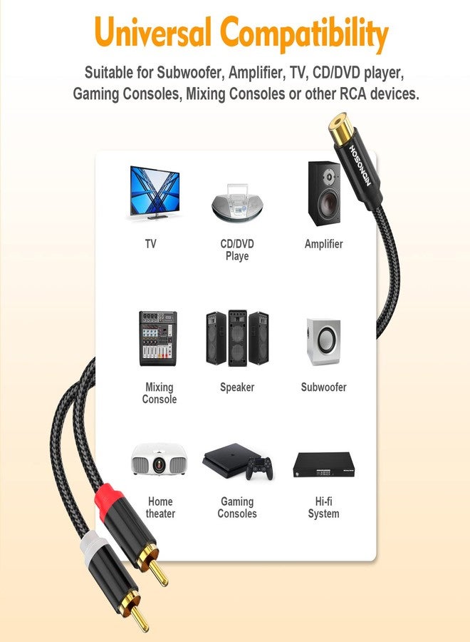 كابل توزيع صوت RCA قصير من HOSONGIN بطول 1 قدم، محول Y من منفذ أنثى واحد إلى منفذي ذكر، عبوة من قطعتين، كابل توزيع صوت RCA قصير، كابل مضفر من النايلون الأسود مزدوج الحماية - قابس مطلي بالذهب - طول 12 بوصة - Image 3