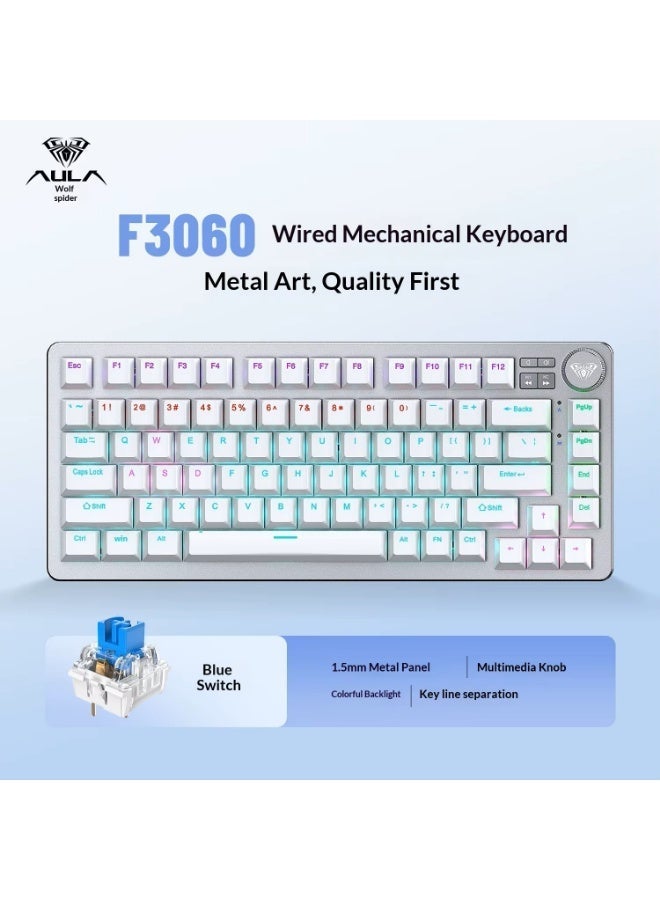 أولا لوحة مفاتيح ميكانيكية للألعاب F3060، لوحة معدنية بنسبة 75%، مفاتيح زرقاء قابلة للتبديل السريع، إضاءة خلفية RGB مع إضاءة جانبية، 83 مفتاحًا إنجليزيًا، سلكية قابلة للفصل عبر منفذ USB لأجهزة الكمبيوتر التي تعمل بنظام Windows | أبيض - Image 3