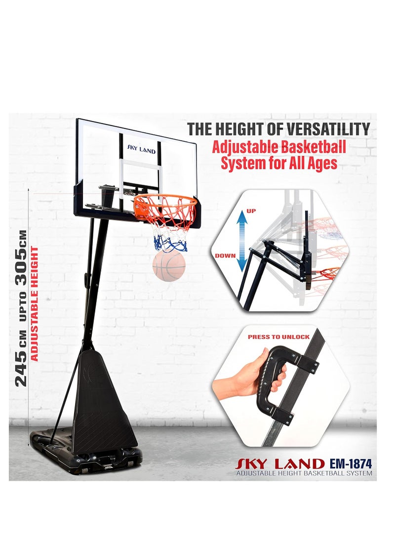 Sky Land Basketball Hoop Sports Pro Size for Adults with Wheels| Adjustable Height 8-10 ft | 50" Shatterproof Acrylic Backboard| Portable Shooting Hoop Basketball System for Indoor/Outdoor  - Image 3