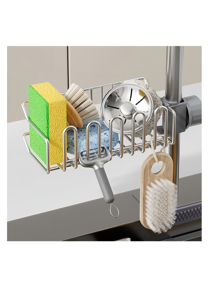 SYOSI Stainless Steel Sponge Holder for Faucet Sink, Detachable Scrub Kitchen Sink Sponge Holder Around Faucet Caddy for Bathroom, Kitchen, Sink Organizer Fits Soap, Dish, Items Storage  - Image 1