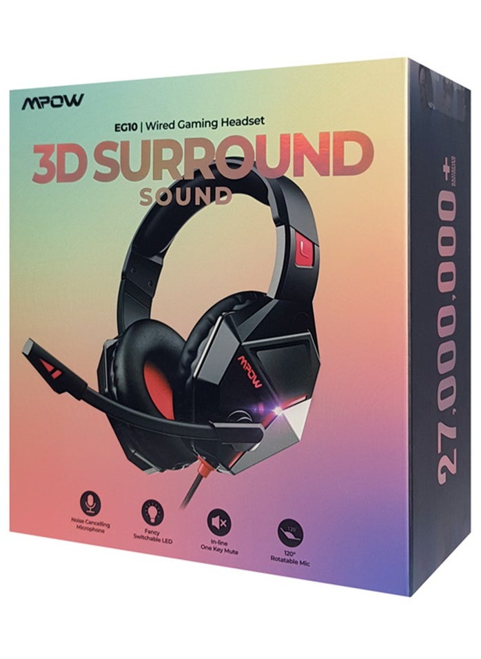 Mpow - EG10 Gaming Headset for PS4,PS5,PC,Xbox One, 3D Surround Sound Headset with Microphone, Noise Cancelling, LED Light, Soft Earmuffs, Gaming Headphone with Mic for PC Headset – Red and Black - Image 1