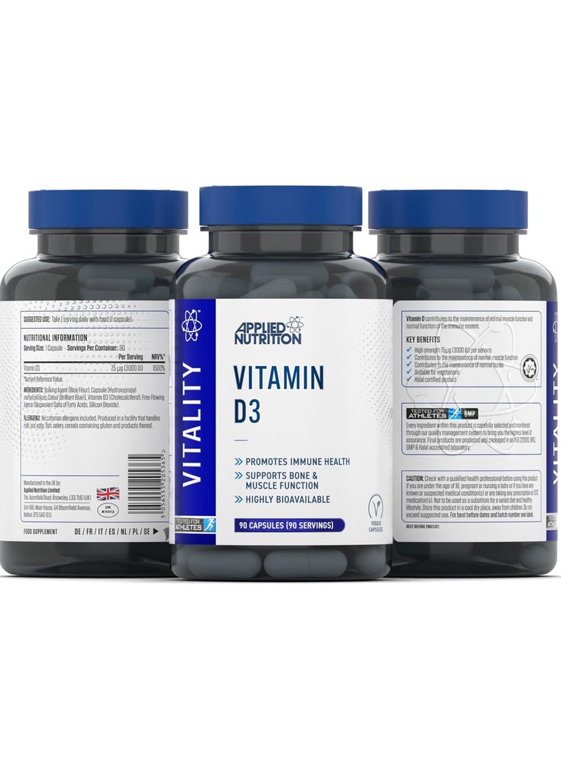 Applied Nutrition Vitamin D3, 90 Tablets, 3000 IU, High Strength, Essential For Immunity - Image 2