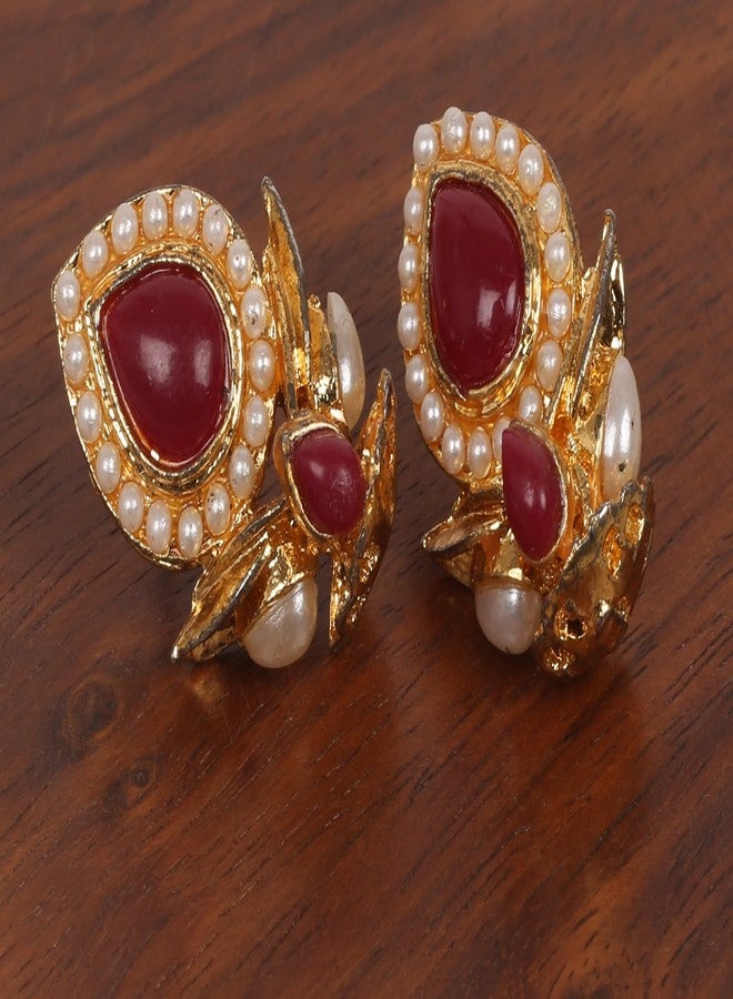 Touchstone Indian Bollywood Desire Traditional Indian Pear Shape Faux Ruby Red, Pearl Designer Jewelry Stud Earrings In Antique Gold Tone For Women. - Image 5