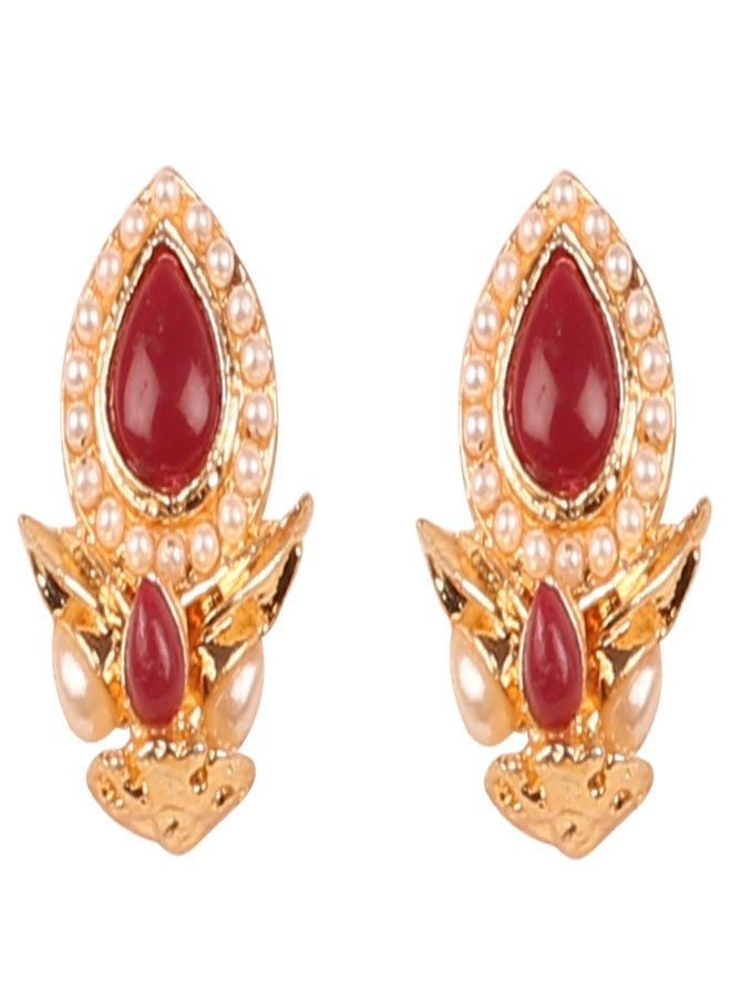 Touchstone Indian Bollywood Desire Traditional Indian Pear Shape Faux Ruby Red, Pearl Designer Jewelry Stud Earrings In Antique Gold Tone For Women. - Image 2