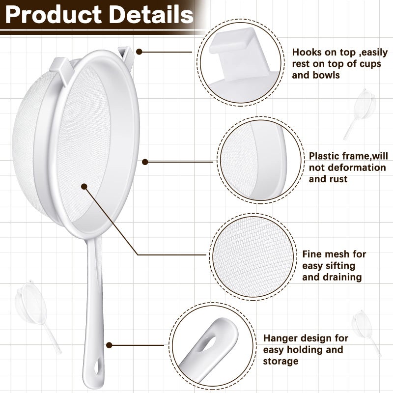 Skyley 3 Pcs Plastic Nylon Mesh Strainer Colander with Handle Double Ear Fine Food Mesh Strainer Flour Sifter for Baking Kitchen Colander Sifter Kefir Tea Juice Pasta(3 Inch, 5 Inch, 7 Inch) - Image 4