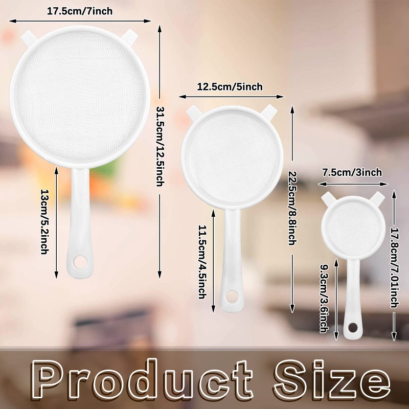 Skyley 3 Pcs Plastic Nylon Mesh Strainer Colander with Handle Double Ear Fine Food Mesh Strainer Flour Sifter for Baking Kitchen Colander Sifter Kefir Tea Juice Pasta(3 Inch, 5 Inch, 7 Inch) - Image 3