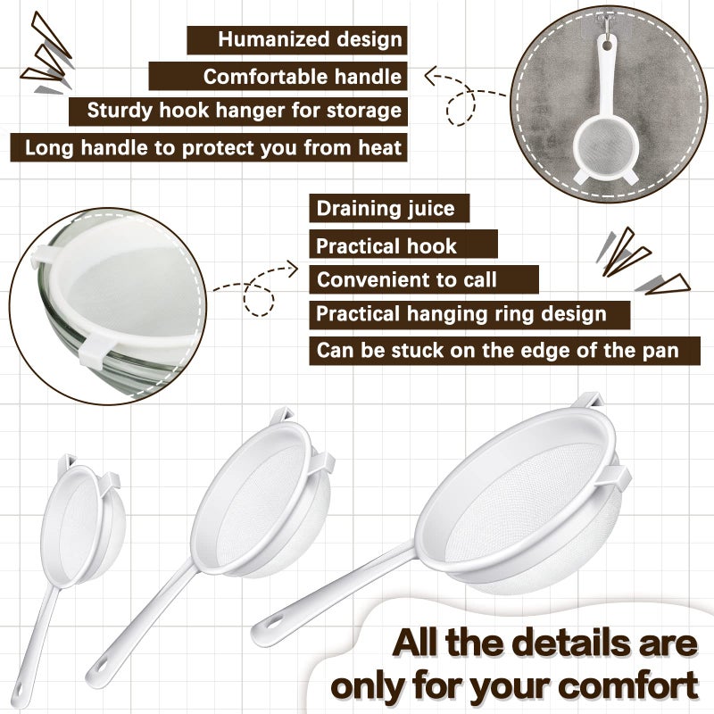 Skyley 3 Pcs Plastic Nylon Mesh Strainer Colander with Handle Double Ear Fine Food Mesh Strainer Flour Sifter for Baking Kitchen Colander Sifter Kefir Tea Juice Pasta(3 Inch, 5 Inch, 7 Inch) - Image 5