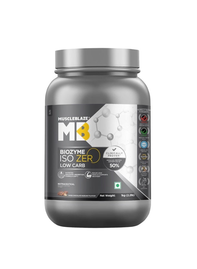 مسل بلايز MuscleBlaze Biozyme Iso-Zero، مسحوق بروتين مصل اللبن المعزول (Whey Isolate) منخفض الكربوهيدرات، بنكهة الشوكولاتة السويسرية والبندق (1 كجم / 2.2 رطل) | 27 جم من بروتين مصل اللبن المعزول لكل مكيال | تركيبة معززة للامتصاص (EAF) حاصلة على براءة اختراع من الولايات المتحدة الأمريكية - Image 1