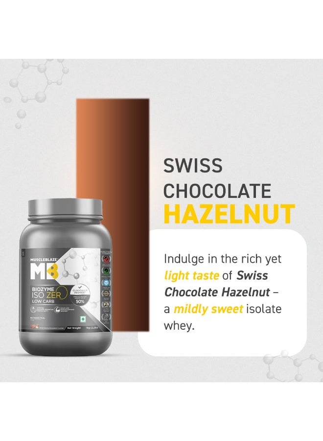 مسل بلايز MuscleBlaze Biozyme Iso-Zero، مسحوق بروتين مصل اللبن المعزول (Whey Isolate) منخفض الكربوهيدرات، بنكهة الشوكولاتة السويسرية والبندق (1 كجم / 2.2 رطل) | 27 جم من بروتين مصل اللبن المعزول لكل مكيال | تركيبة معززة للامتصاص (EAF) حاصلة على براءة اختراع من الولايات المتحدة الأمريكية - Image 2