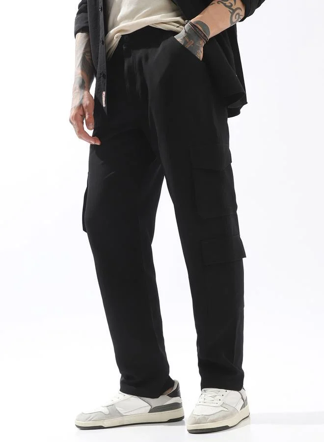 هاي ستار بنطلون أسود رجالي بخصر متوسط وأزرار وجيوب كارغو