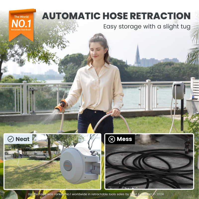Giraffe Tools بكرة خرطوم حديقة قابلة للسحب Giraffe Tools CW20 5/8" x 60 قدم، بكرة خرطوم ماء ثقيلة، حامل دوار، قفل بأي طول، رمادي فاتح - Image 2