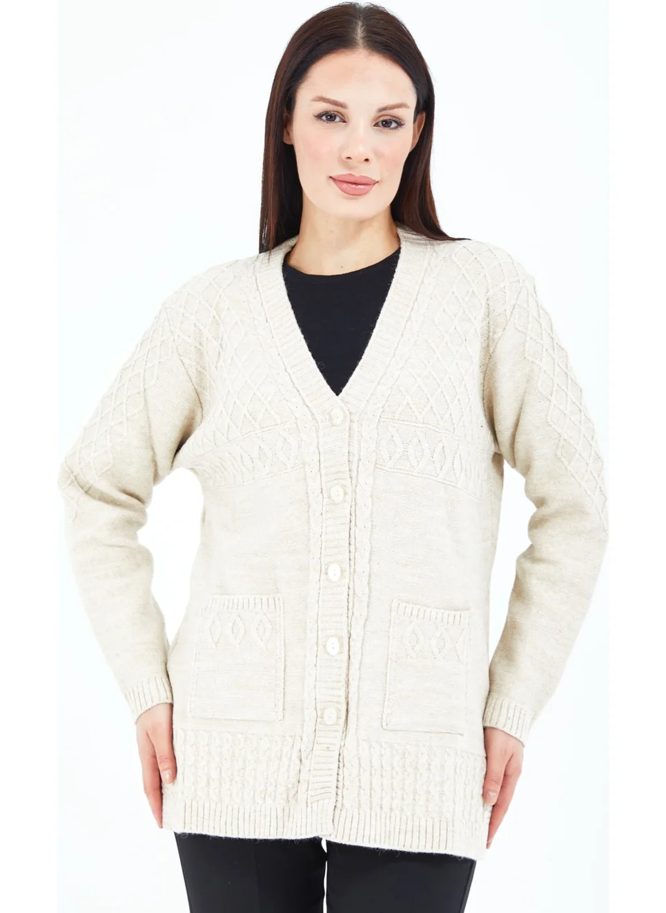 Stilmony Women's Cream Buttoned Wool Mother's Knitwear Short Cardigan