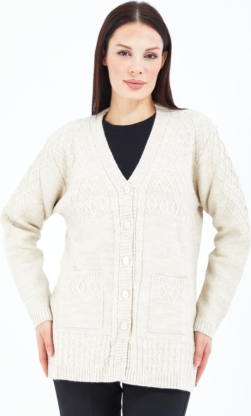 Stilmony Women's Cream Buttoned Wool Mother's Knitwear Short Cardigan - Image 1