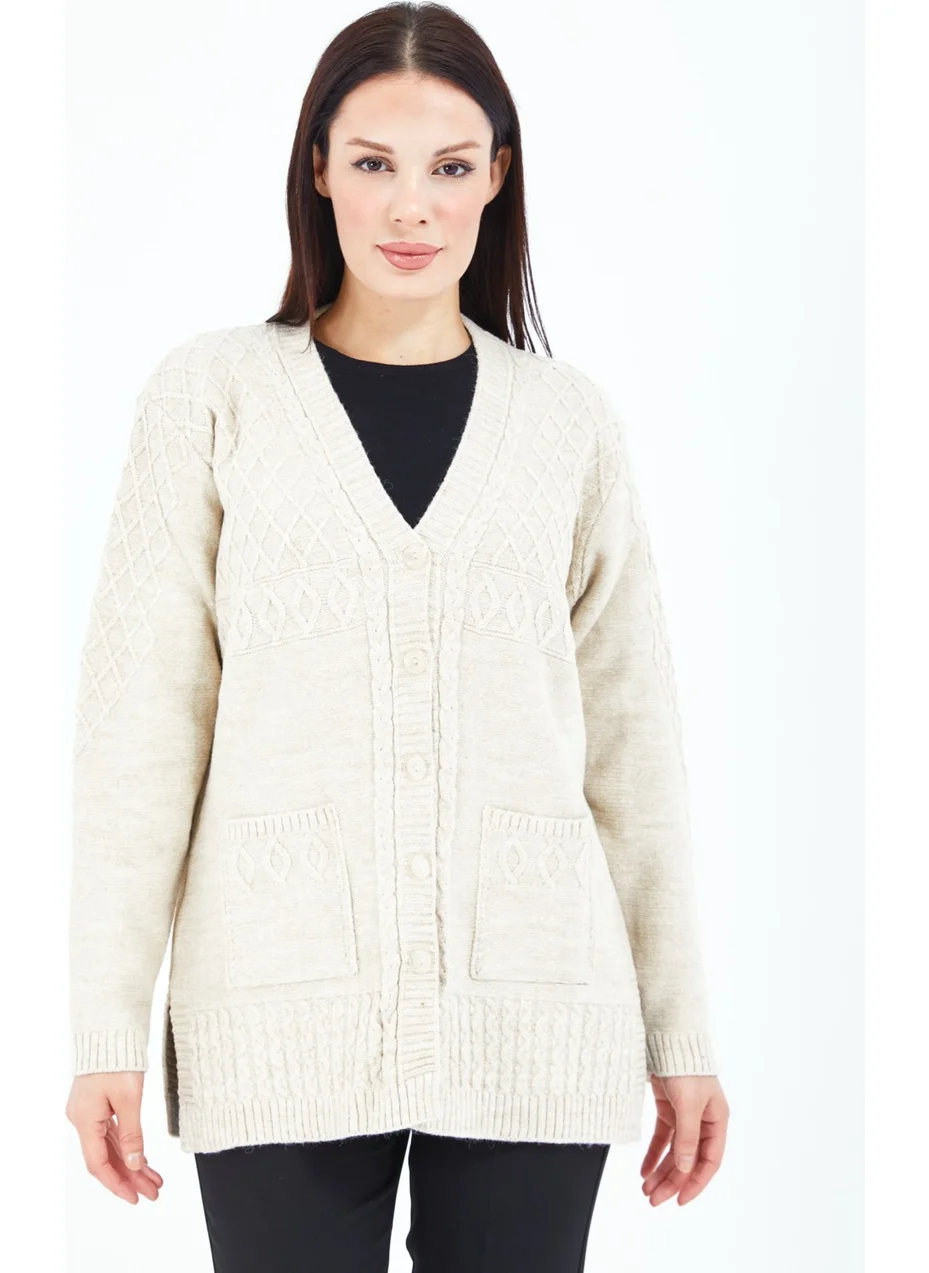 Stilmony Women's Cream Buttoned Wool Mother's Knitwear Short Cardigan