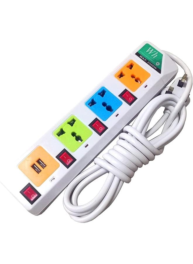 PROMASS Power Strip with USB Ports, 3 Outlets 2 USB Charging Ports Power Extension Lead with USB Ports 3 Way Outlets 3 Ports Surge Protection Power with 2 Meter Bold Extension Cord (Multi Color) 