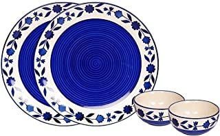 Yourowndcor Handmade Stoneware Floral Microwave & Dishwasher Safe Royal Blue Plate, 10 inch with Free Dining Bowl-4 inch Diameter (Blue)-Set of 2-Dishwasher & Microwave Safe - Image 1