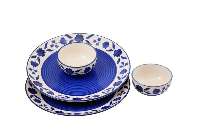 Yourowndcor Handmade Stoneware Floral Microwave & Dishwasher Safe Royal Blue Plate, 10 inch with Free Dining Bowl-4 inch Diameter (Blue)-Set of 2-Dishwasher & Microwave Safe - Image 2