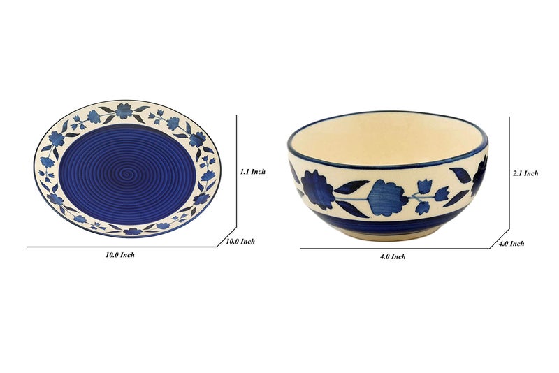 Yourowndcor Handmade Stoneware Floral Microwave & Dishwasher Safe Royal Blue Plate, 10 inch with Free Dining Bowl-4 inch Diameter (Blue)-Set of 2-Dishwasher & Microwave Safe - Image 5