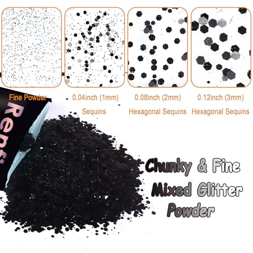 Renfio Black Chunky Glitter, 3.5 Oz (100g) Mixed Fine Powder PET Flake Iridescent Sequins Face Glitters for Halloween, Craft Resin, Tumbler Ornament Painting, Hair Body, Wedding Decor - Black - Image 4