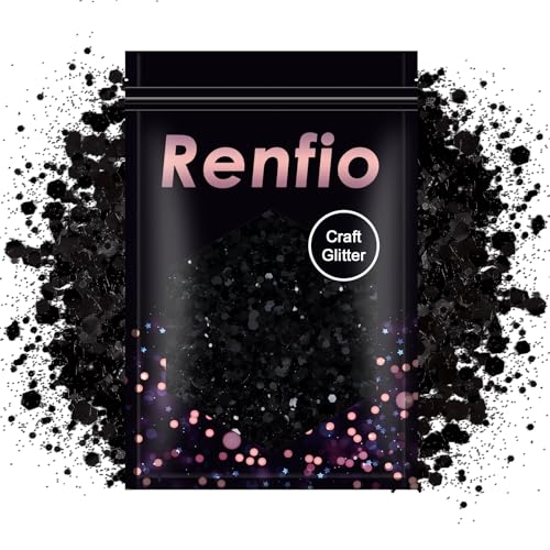 Renfio Black Chunky Glitter, 3.5 Oz (100g) Mixed Fine Powder PET Flake Iridescent Sequins Face Glitters for Halloween, Craft Resin, Tumbler Ornament Painting, Hair Body, Wedding Decor - Black - Image 1