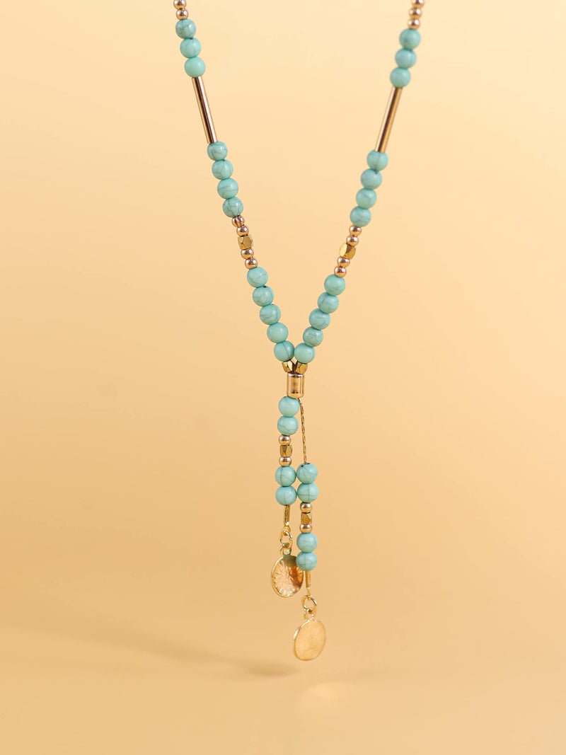 MINACHI Bohemian Created Turquoise Necklace, Vintage Bohemian Gold Plated Chain Created Turquoise Bead Y Necklace, Boho Jewelry Gift for Women - Image 2
