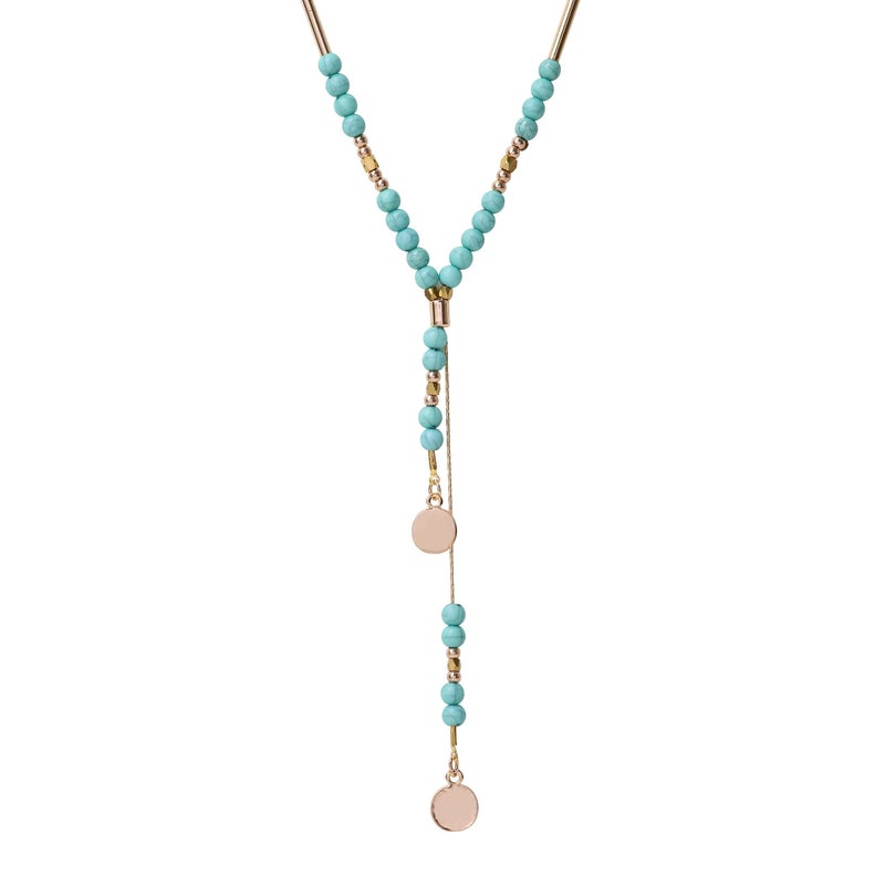 MINACHI Bohemian Created Turquoise Necklace, Vintage Bohemian Gold Plated Chain Created Turquoise Bead Y Necklace, Boho Jewelry Gift for Women - Image 1