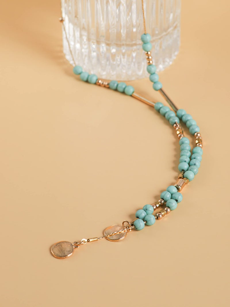 MINACHI Bohemian Created Turquoise Necklace, Vintage Bohemian Gold Plated Chain Created Turquoise Bead Y Necklace, Boho Jewelry Gift for Women - Image 4