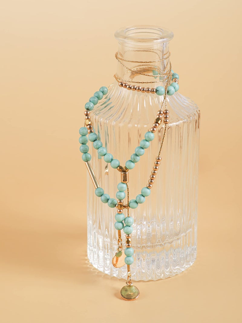 MINACHI Bohemian Created Turquoise Necklace, Vintage Bohemian Gold Plated Chain Created Turquoise Bead Y Necklace, Boho Jewelry Gift for Women - Image 3