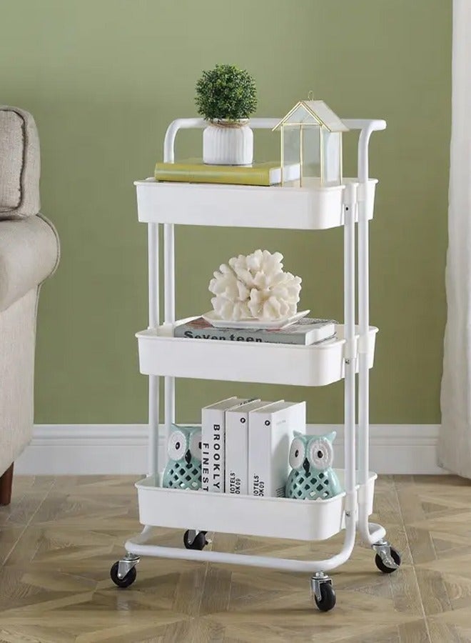 عربة تخزين دوارة متعددة الاستخدام 3 طبقات مقاس 85 × 45 35 سم، منظم خضروات معدني أرفف، بعجلات - Image 1