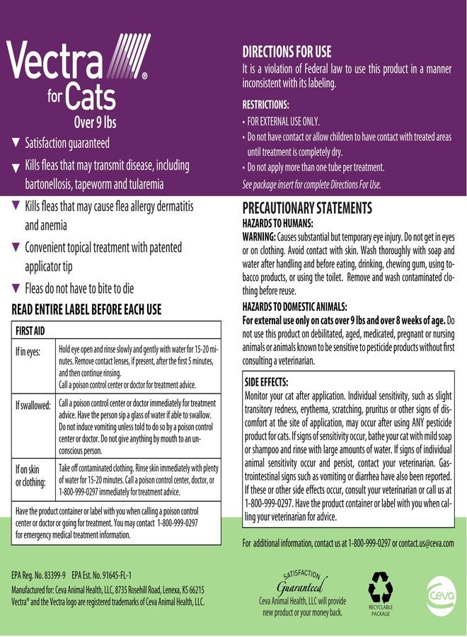 Vectra for Cats Flea Treatment & Prevention for Large Cats (Over 9 lbs.) 6-Month Supply - Image 2