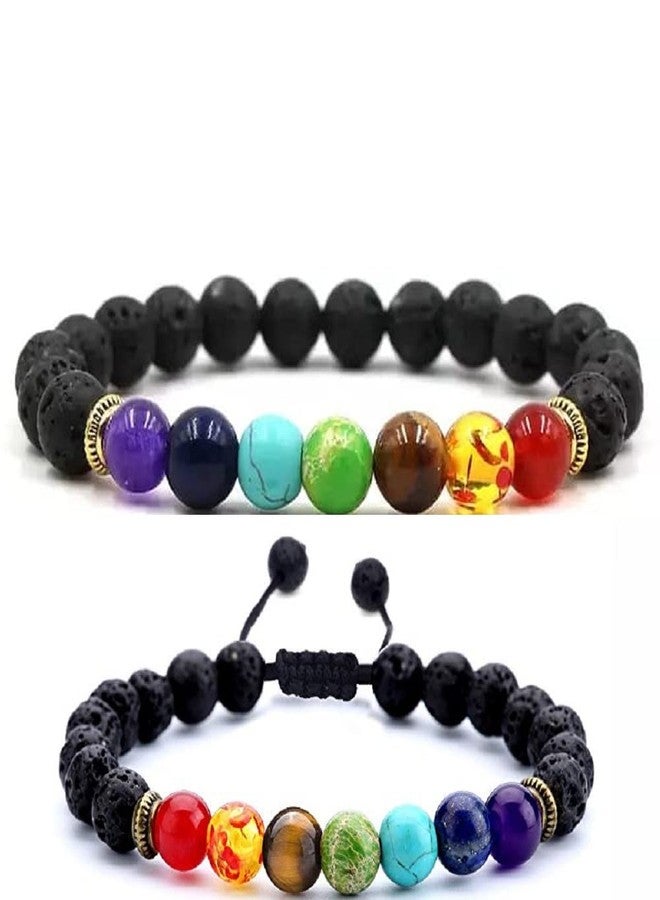 GEMTUB Combo of Natural handcrafted 7 Chakra Lava(Volcano) Stone Bracelet For Reiki Healing Balancing Energy Stress Relief Natural Gemstone Round Beads Bracelet Yoga Aromatherapy Bracelet For Unisex - Image 1