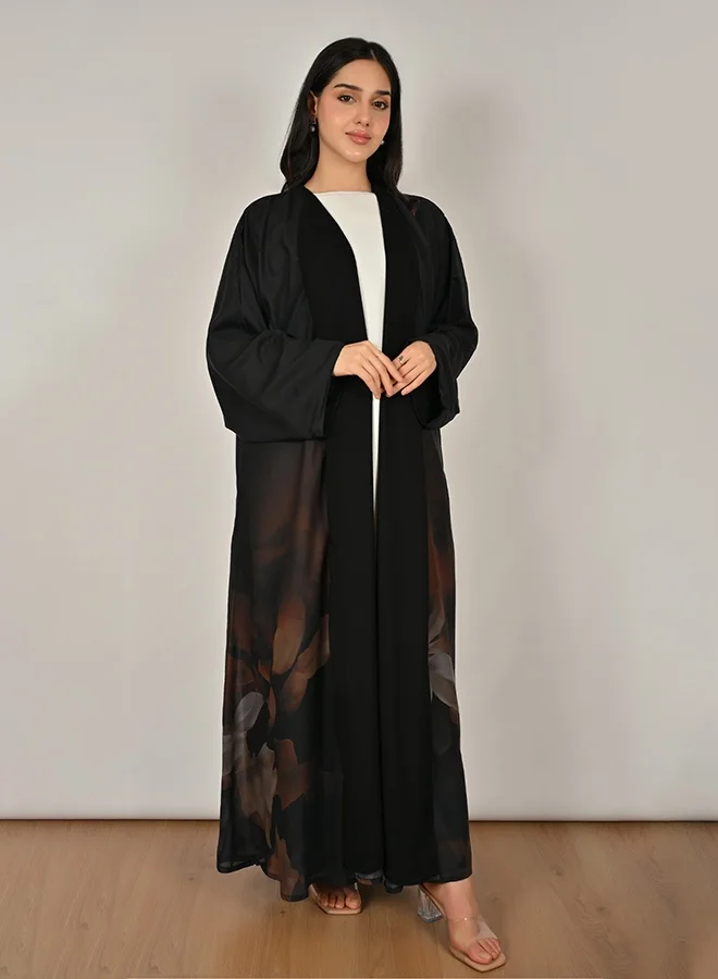 Hawraa Abaya Black and Brown Reversible Wrap Abaya with a Summer Design and Flowing Flared Silhouette