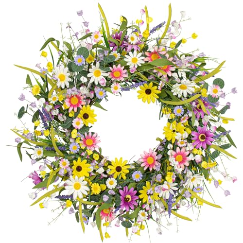 Yawwind 24 Inches Spring Wreaths for Front Door Spring Flower Wreaths Summer Door Wreath Colorful Wildflower Wreath with Daisy Lavender for Window Indoors Outdoor Decor