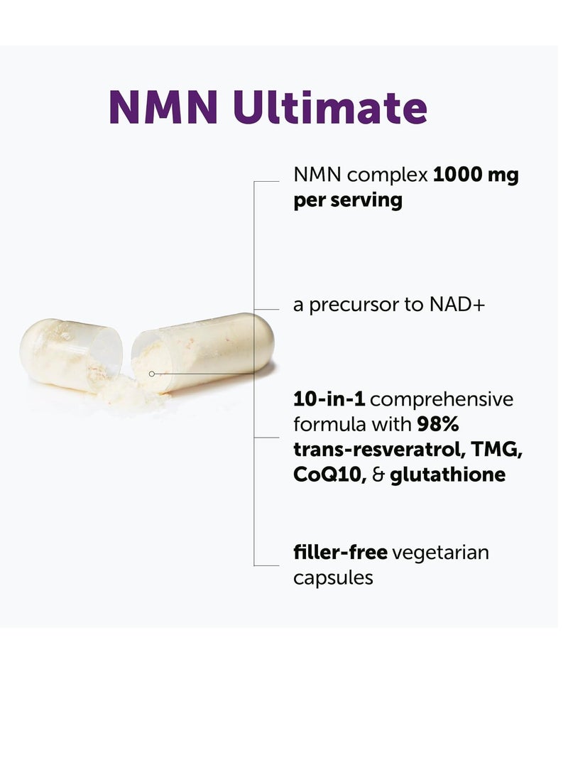 NMN Complex 1000mg Per Serving, 120 Veggie Capsules | 10-in-1 with Nicotinamide Mononucleotide, Resveratrol, CoQ10, Quercetin & Glutathione | NAD+ Supplement Precursor | Filler Free - Image 2