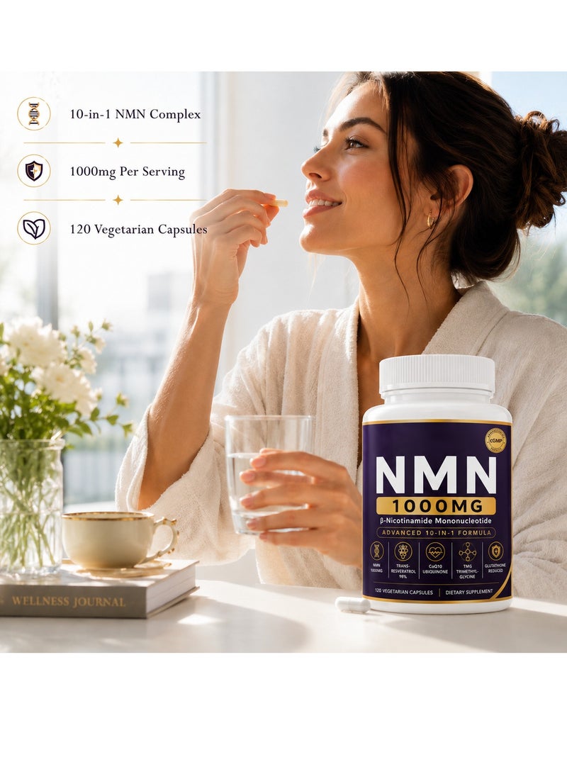 NMN Complex 1000mg Per Serving, 120 Veggie Capsules | 10-in-1 with Nicotinamide Mononucleotide, Resveratrol, CoQ10, Quercetin & Glutathione | NAD+ Supplement Precursor | Filler Free - Image 3