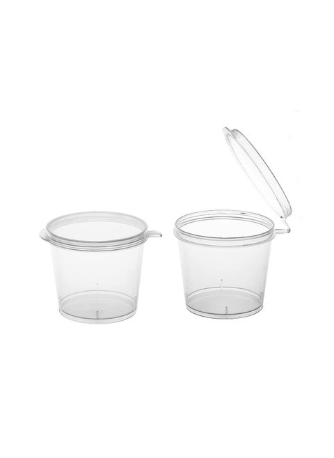 Party Essentials Leak Proof Plastic Condiment Souffle Containers with Attached Airtight Portion Cup with Hinged Lid for Sauces Samples Slime Jello Shot Storage Craft 100 Sets 1 oz Clear