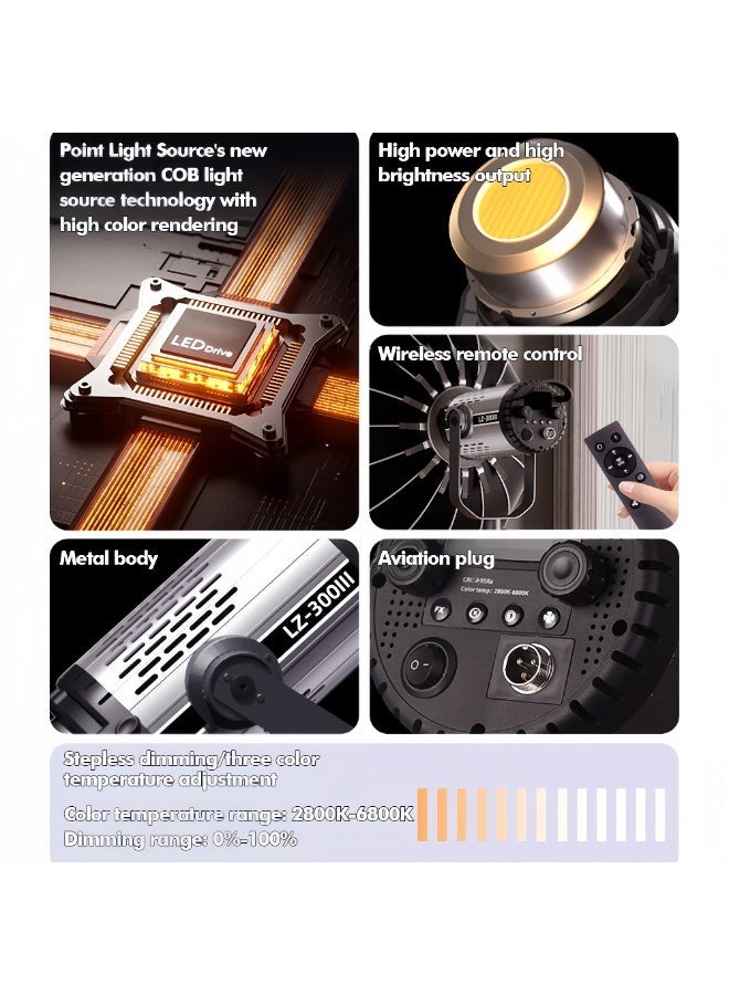 FlashHawk 300W COB Video Light with Standard Reflector and Remote Control - Metal Body, High CRI>96, Adjustable Color Temperature 2800K-6800K 360° Rotating for Live Streaming and Photography - Image 2