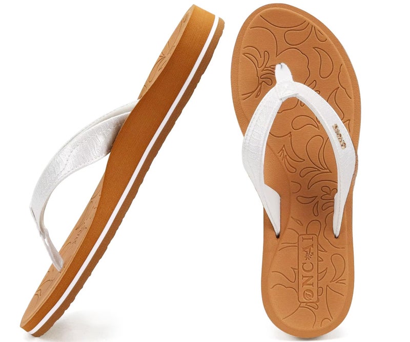 ONCAI Flip Flops For Women Yoga Mat Non-Slip Womens Flip Flops Sandals Summer Beach Slippers With Arch Support Slip On Lightweight EVA Sole White/Khaki Size 9 - Image 1