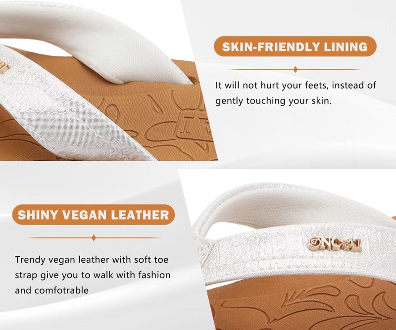 ONCAI Flip Flops For Women Yoga Mat Non-Slip Womens Flip Flops Sandals Summer Beach Slippers With Arch Support Slip On Lightweight EVA Sole White/Khaki Size 9 - Image 3