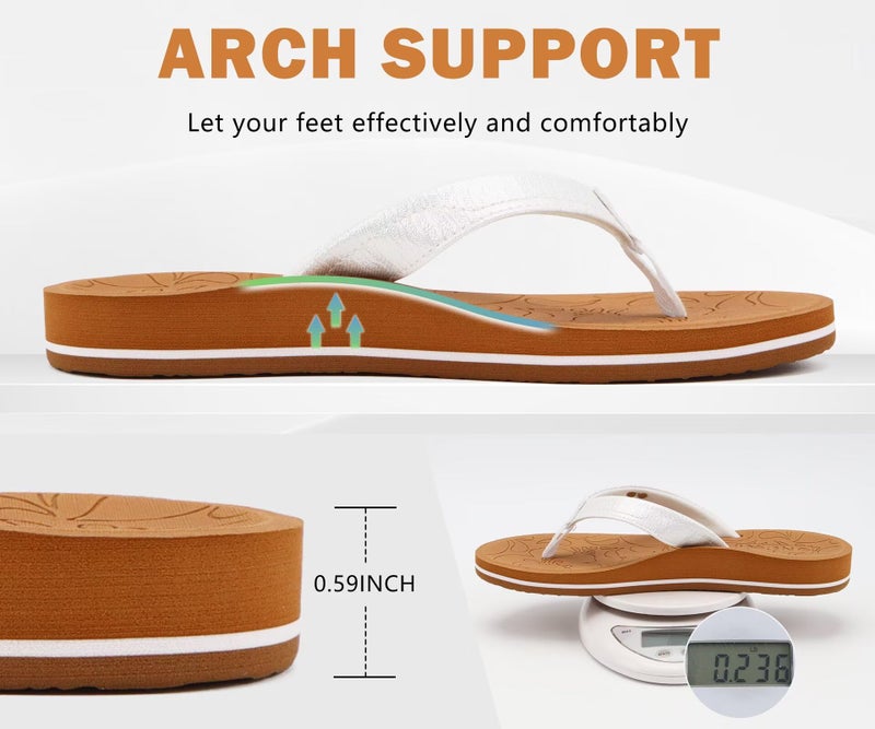 ONCAI Flip Flops For Women Yoga Mat Non-Slip Womens Flip Flops Sandals Summer Beach Slippers With Arch Support Slip On Lightweight EVA Sole White/Khaki Size 9 - Image 4